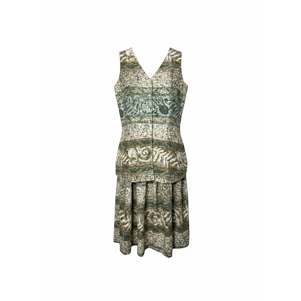 Potomac Collection Womens 100% Silk 2 Piece Set Vest Midi Skirt Green Tan Small